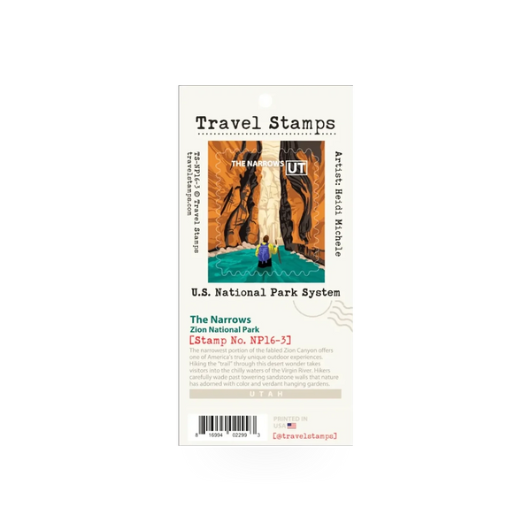 Travel Stamp Zion - The Narrows by Travel Stamps, featuring a detailed design of Zion National Park's iconic canyon scenery.