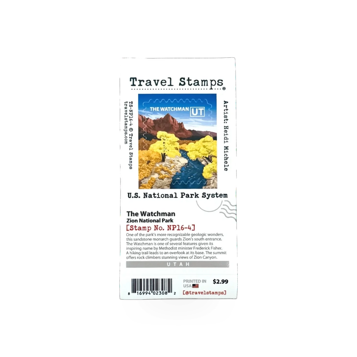 Travel Stamp Zion - The Watchman by Travel Stamps, featuring a detailed illustration of The Watchman rock formation in Zion National Park.
