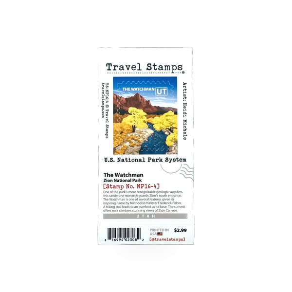 Travel Stamp Zion - The Watchman by Travel Stamps, featuring a detailed illustration of The Watchman rock formation in Zion National Park.