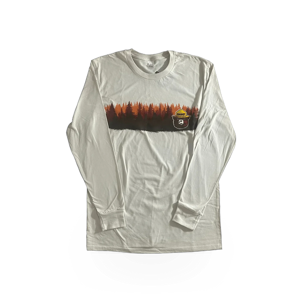 Long sleeve Smokey Bear forest theme T-shirt by Concept 360 featuring Smokey Bear graphic on a green background.
