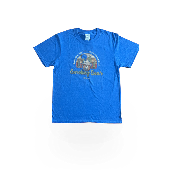 Youth Smokey Bear themed T-shirt featuring wood plank design from Concept 360, showcasing a casual graphic style.