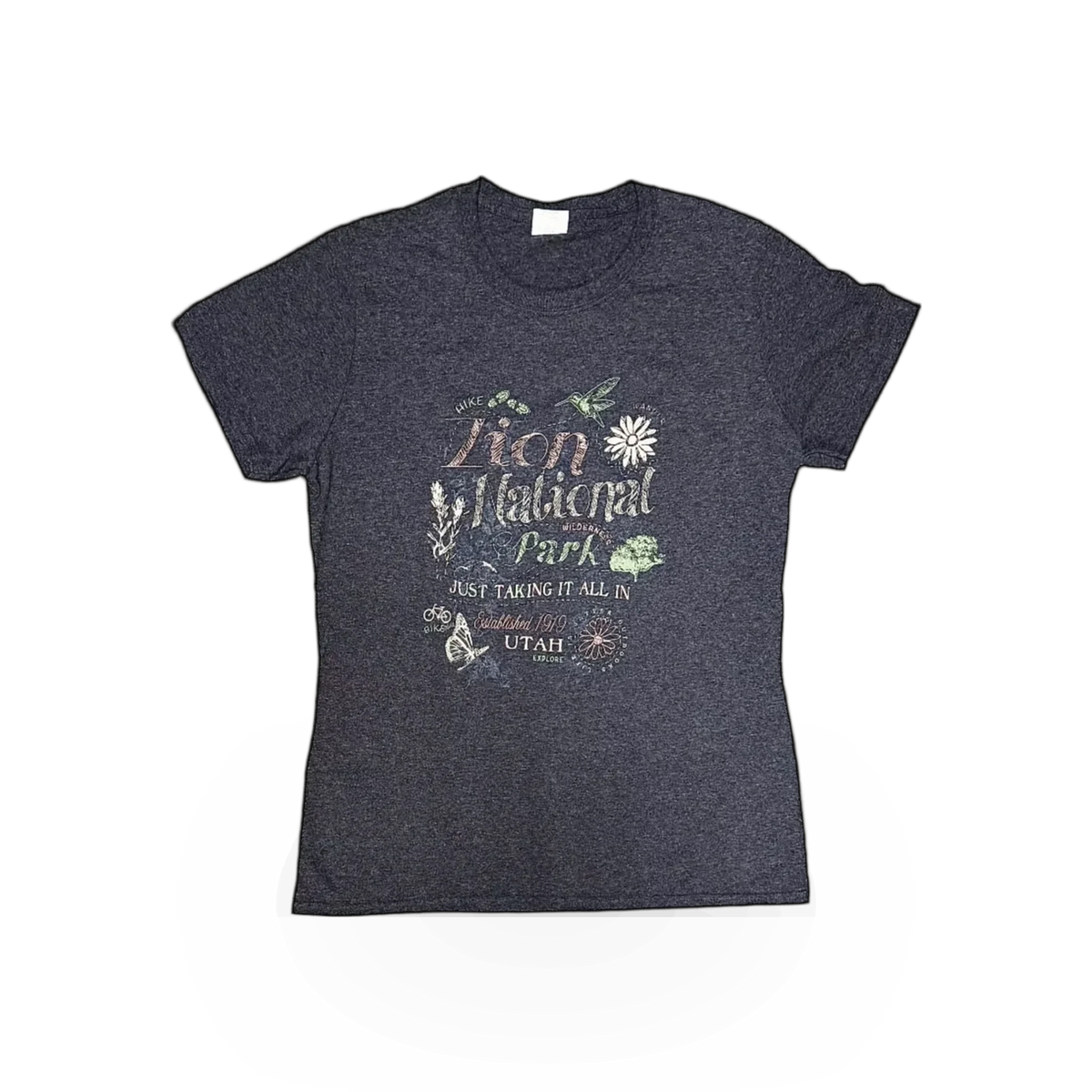 RMR Designs Zion Chalk exploring icons T-shirt featuring a mountain and chalk imagery on a casual cotton shirt.