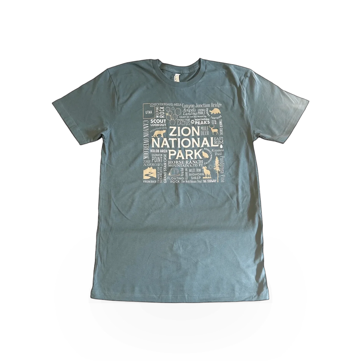 Keezer Sportswear Zion Landmark Collage T-shirt featuring a vibrant graphic print of Zion National Park landmarks.