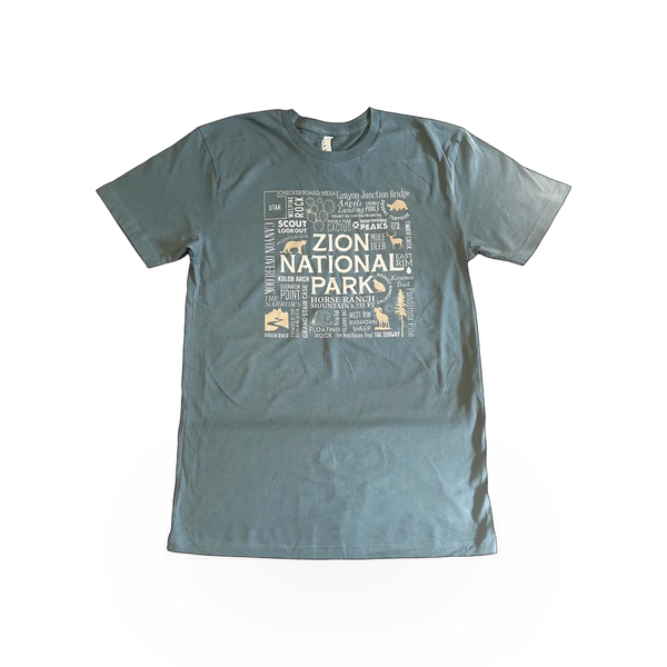Keezer Sportswear Zion Landmark Collage T-shirt featuring a vibrant graphic print of Zion National Park landmarks.