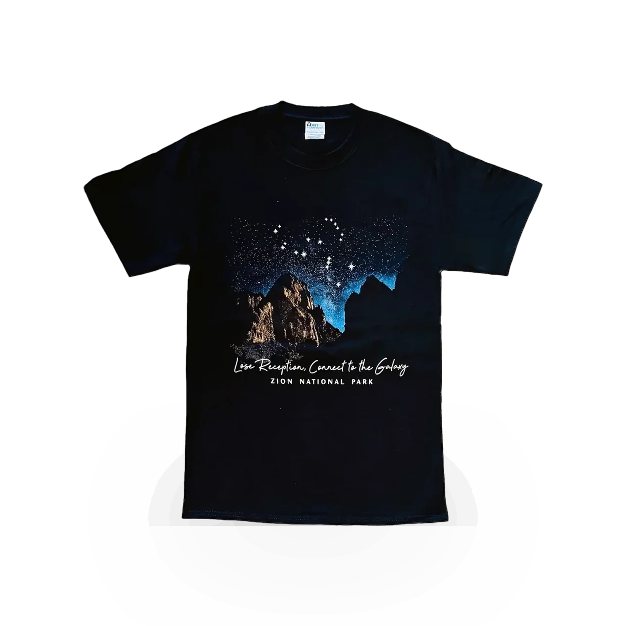 Black T-shirt featuring a Zion Night Sky theme by TR McTaggart, displayed on a plain background.