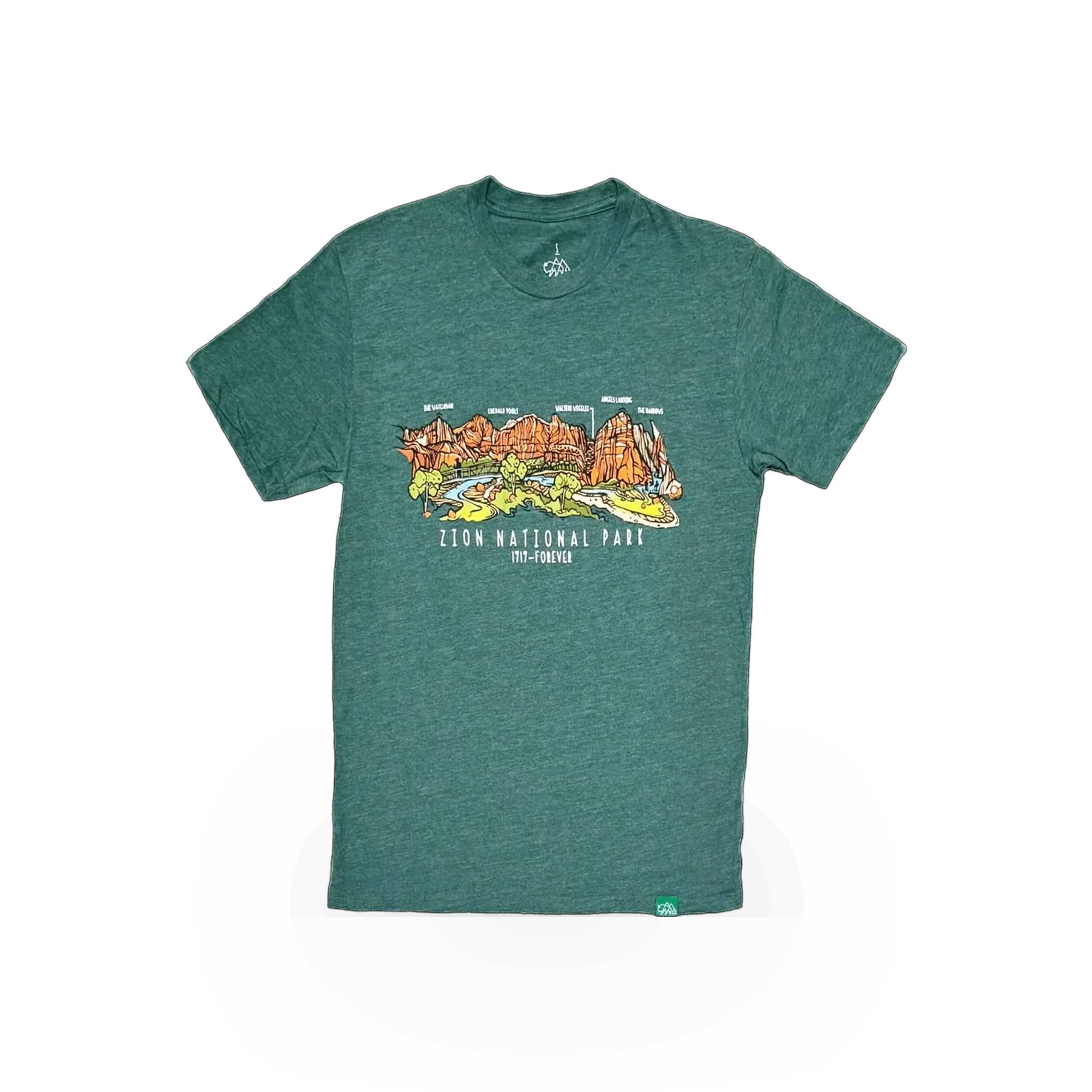 Wild Tribute Zion Panoramic T-shirt featuring a scenic Zion National Park landscape in a vibrant, natural design.