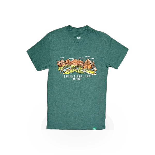 Wild Tribute Zion Panoramic T-shirt featuring a scenic Zion National Park landscape in a vibrant, natural design.