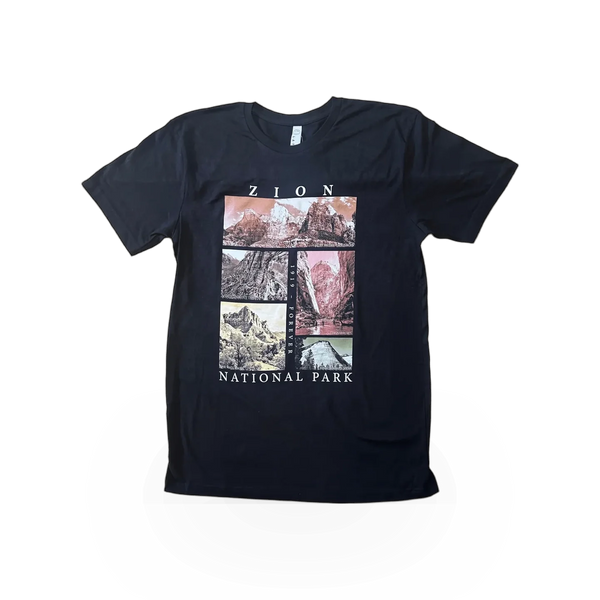 Keezer Sportswear Zion Photo Collage T-shirt featuring a vibrant landscape graphic on a comfortable cotton shirt.