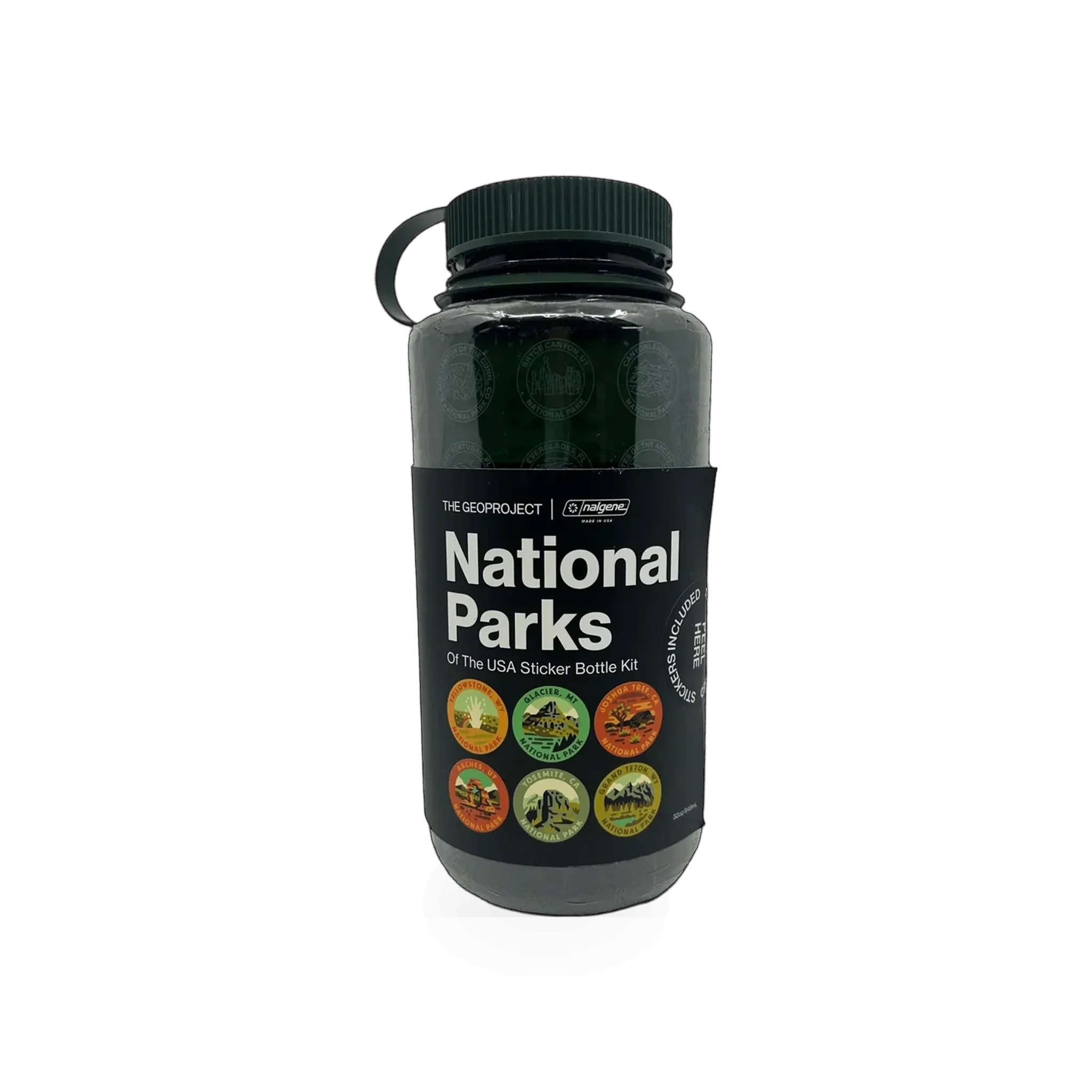 Safety water bottle from Naglene National Parks collection by The Geoproject and Fox Ventures, featuring durable design and park-themed graphics.