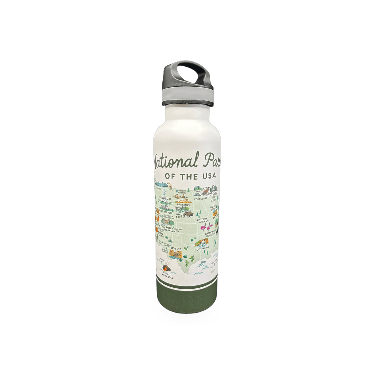 Reusable water bottle featuring National Parks theme by McGovern Maps, with scenic park illustrations and vibrant design.