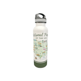 Reusable water bottle featuring National Parks theme by McGovern Maps, with scenic park illustrations and vibrant design.