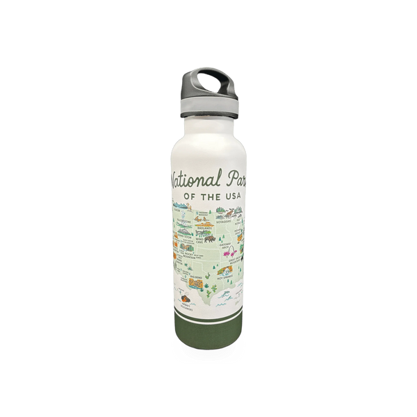 Reusable water bottle featuring National Parks theme by McGovern Maps, with colorful park illustrations and eco-friendly design.