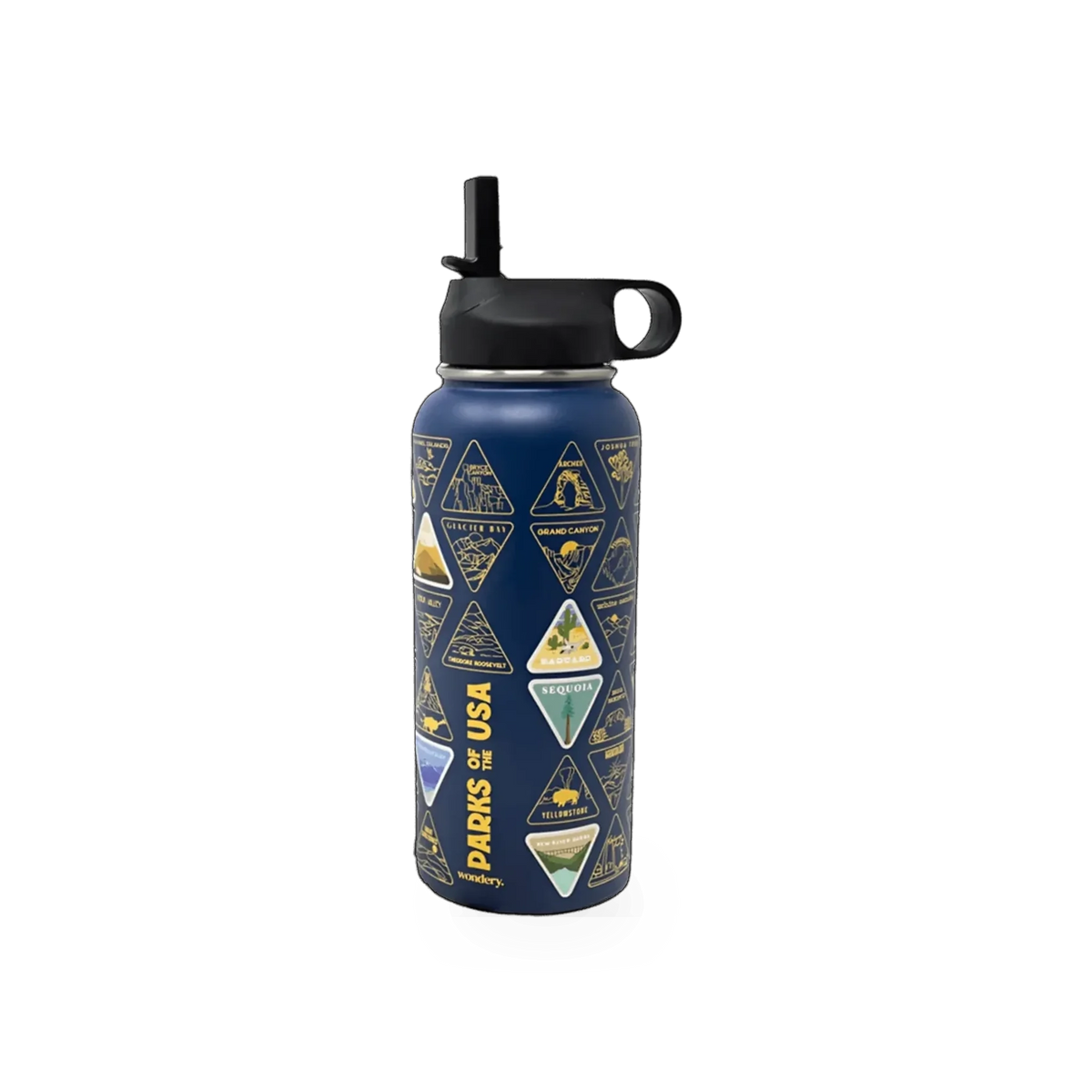 Navy Wondery Parks of the USA Bucket List water bottle by Wondery Outdoors, durable theme drink container with park-themed design.