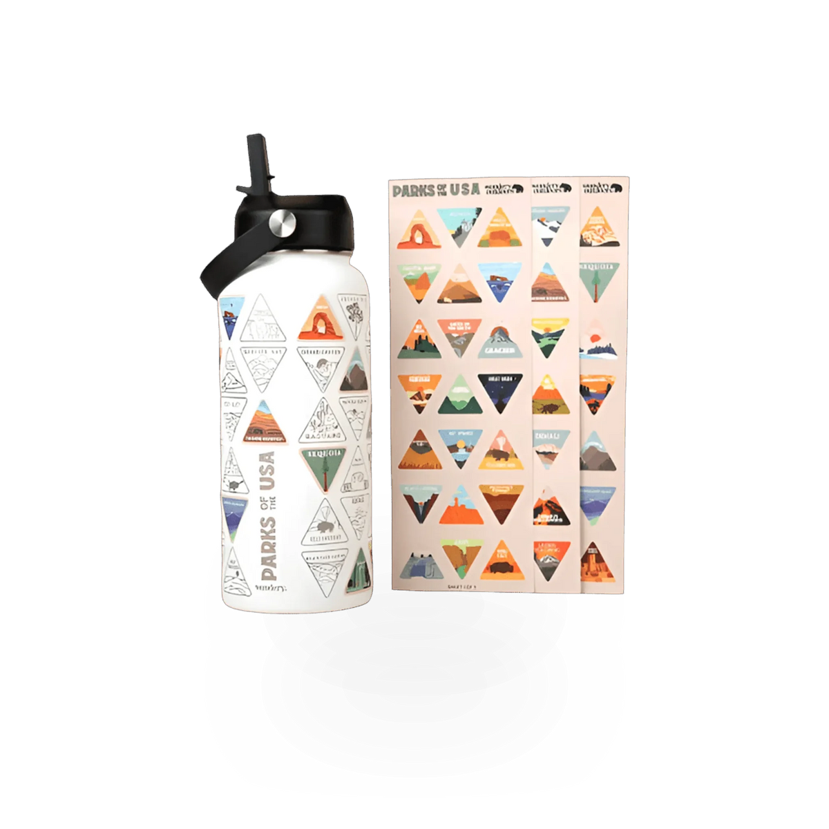 White Wondery Parks of the USA Bucket List water bottle from Wondery Outdoors with themed design and logo.