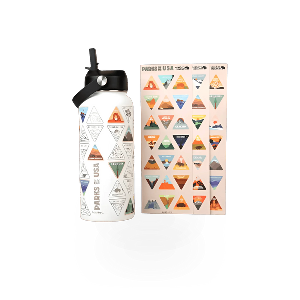 White Wondery Outdoors water bottle featuring Parks of the USA Bucket List theme, with printed design and reusable cap.