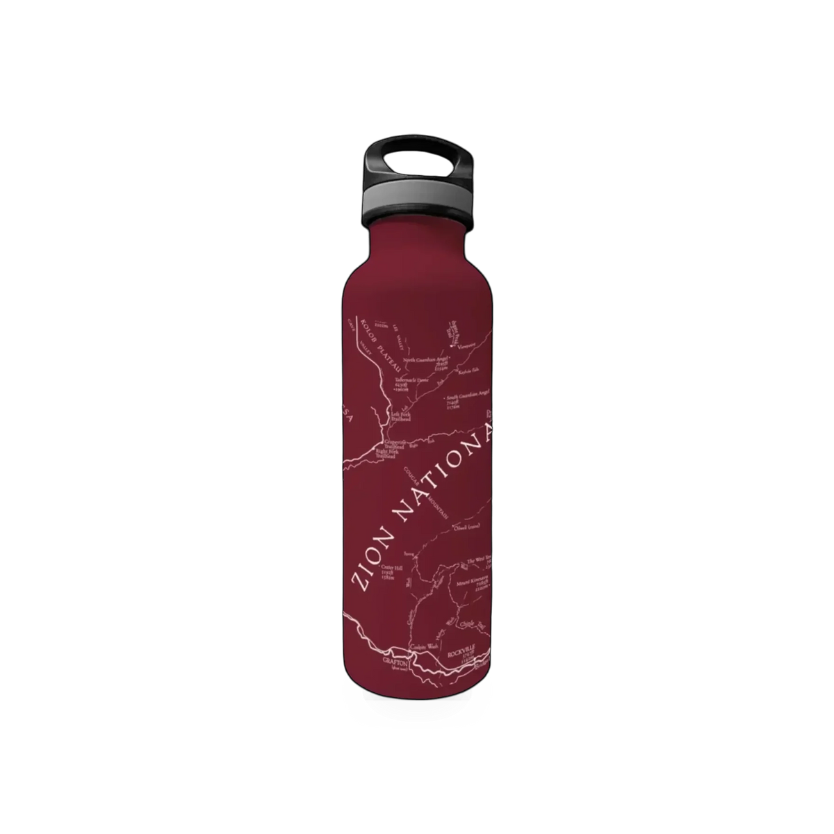 McGovern Maps Zion Map water bottle featuring detailed Zion National Park map design in durable plastic.